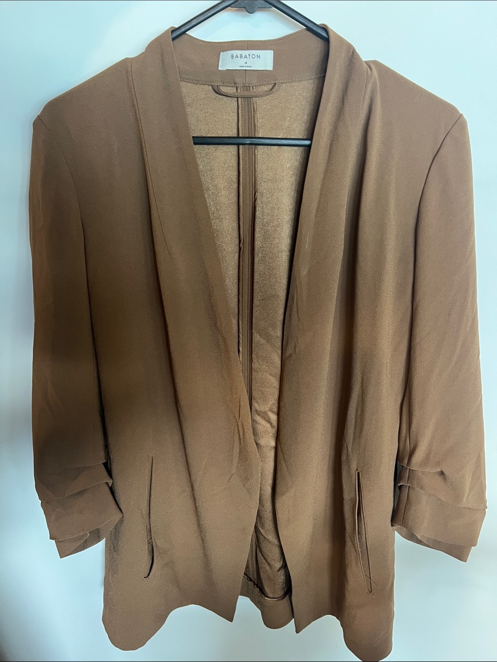 Babaton Brown Open-Front Draped Blazer light weight fabric